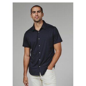 7Diamonds Men’s Stretch Button Up Shirt Navy Textured Short Sleeve Casual Top M